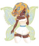  1girl armband artist_name blue_choker blue_hair blue_trim breasts choker cleavage closed_mouth commentary cowboy_shot dark-skinned_female dark_skin dress eyelashes fairy_wings fang flower hair_over_one_eye highres holding holding_flower infamousavages large_breasts medium_hair multicolored_hair octoling octoling_girl orange_hair purple_eyes simple_background smile solo splatoon_(series) splatoon_3 strapless strapless_dress tentacle_hair thighhighs two-tone_hair white_armband white_background white_thighhighs wings 
