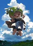  1girl asuka_(ppask) blonde_hair blue_shorts brown_eyes cloud cumulonimbus_cloud dr._stone full_body highres jumping looking_at_viewer open_mouth rope_necklace short_hair short_shorts shorts solo suika_(dr.stone) 