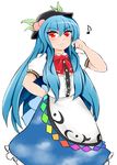  :3 absurdres adjusting_hair blue_hair blush bow dress eighth_note food food_on_head fruit fruit_on_head hat highres hinanawi_tenshi king_(ougon_kingyo-bachi) large_bow layered_dress long_hair looking_at_viewer musical_note object_on_head peach puffy_short_sleeves puffy_sleeves red_eyes short_sleeves sketch smug solo touhou tsurime very_long_hair 