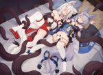  2girls animal_ear_fluff animal_ears black_sleeves blue_dress breasts closed_eyes commentary detached_sleeves dress english_commentary fox_ears fox_girl grey_hair highres large_breasts long_hair lying multiple_girls nipples no_shoes on_back on_bed open_mouth original panties pillow red_dress sleep_molestation tentacle_sex tentacles thighhighs trimbil underwear vaginal variant_set white_panties white_sleeves white_thighhighs 