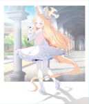  1girl animal animal_ears bare_shoulders bird blonde_hair blue_archive blush closed_mouth detached_sleeves dress eko fox_ears fox_tail halo high_heels highres long_hair pantyhose seia_(blue_archive) smile solo striped striped_pantyhose tail vertical-striped_pantyhose vertical_stripes white_bird white_dress white_footwear white_pantyhose white_sleeves yellow_eyes yellow_halo 