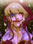  1boy blonde_hair blood blood_on_clothes blood_on_face closed_eyes coat collared_shirt death donquixote_rocinante from_above highres lying makeup male_focus on_back one_piece pectoral_cleavage pectorals pink_shirt shirt short_hair snowing solo upper_body vasan5555 