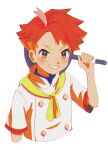  1boy ahoge blue_shirt blush buttons chromatic_aberration collared_shirt commentary_request crispin_(pokemon) frying_pan grin hand_up holding holding_frying_pan jacket male_focus matsuno_opa neckerchief pokemon pokemon_sv red_hair red_pupils shirt short_hair short_sleeves smile solo teeth upper_body white_background white_jacket yellow_eyes yellow_neckerchief 