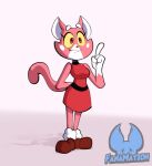 anthro boots clothing collar domestic_cat dress eyebrows fanamationu felid feline felis female footwear fur gesture hand_gesture mammal pink_body pink_fur raised_eyebrows raised_tail red_clothing red_dress red_eyes shima_luan smile solo solo_focus super_planet_dolan tail yellow_sclera