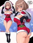  1girl absurdres ass ass_focus blue_eyes blush breasts brown_hair christmas cleavage covered_navel dress evalynn_(sarukaiwolf) from_behind fur-trimmed_dress fur_trim highres holding_mistletoe huge_ass large_breasts looking_at_viewer looking_back mistletoe mole open_mouth original santa_capelet santa_dress santa_hood sarukaiwolf short_hair smile solo thick_thighs thighs underbutt 