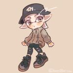  1boy :o absurdres black_footwear black_headwear black_pants brown_jacket commentary eyebrow_cut full_body grey_eyes hat highres inkling inkling_boy jacket pants payayo884 pointy_ears simple_background solo splatoon_(series) splatoon_3 symbol-only_commentary torn_clothes torn_pants white_background 