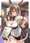  2girls absurdres alternate_costume animal_ears apron armpits blurry blurry_background blush breasts brown_eyes brown_hair cleavage closed_mouth commentary_request cup drink enmaided hair_between_eyes hair_ornament highres holding holding_cup horse_ears horse_girl horse_tail kitasan_black_(umamusume) large_breasts looking_at_viewer maid milkcandyer multiple_girls one_eye_closed open_mouth satono_diamond_(umamusume) solo_focus tail tray umamusume 