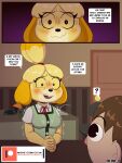3:4 animal_crossing anthro bodily_fluids breasts canid canine canis clothing comic cum_stain dialogue domestic_dog english_text female hi_res human ike_marshall isabelle_(animal_crossing) male mammal nintendo profanity speech_bubble stained_clothing sweat text villager_(animal_crossing) yellow_body