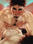  2boys abs ahegao alternate_body_hair anal ass back bara blush boy_on_top chest_hair couple cum cum_in_ass cum_overflow drooling facial_hair feet_out_of_frame goatee highres large_pectorals looking_at_viewer lying male_focus mouth_drool multiple_boys muscular muscular_male nipples noga_(noga_0309) on_stomach pectorals saliva senpai_ga_uzai_kouhai_no_hanashi sex sideburns sweat takeda_harumi_(shiromanta) teeth thick_chest_hair thick_eyebrows tongue tongue_out upper_teeth_only yaoi 