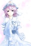  arm_garter expressionless gradient gradient_background hand_on_own_chest hat japanese_clothes kimono kz_nagomiya lavender_eyes lavender_hair looking_at_viewer mob_cap obi petals saigyouji_yuyuko sash short_hair sleeves_past_wrists solo touhou triangular_headpiece 