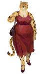 2023 anthro cettus clothed clothing dress felid female footwear front_view fully_clothed fur ilse_lemaire jaguar mammal overweight overweight_anthro overweight_female pantherine purse red_clothing red_dress shoes simple_background solo spots spotted_body spotted_fur tail walking white_background yellow_body yellow_fur