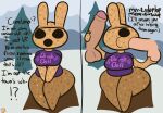 animal_crossing anthro big_butt big_penis bottomless butt cheek_bulge clothed clothing coco_(animal_crossing) comic disembodied_penis double_handjob english_text female fondling free_use genitals group handjob human klutzatdusk lagomorph leporid looking_at_viewer male mammal nintendo oral partially_clothed penile penis public rabbit sex sitting text trio wide_hips