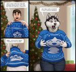 anthro big_breasts breast_grab breasts bulging_smiley_shirt_meme canid canine canis christmas cursed_clothing domestic_dog english_text gender_transformation hand_on_breast hi_res holidays husky mammal miltonholmes nordic_sled_dog solo spitz text transformation