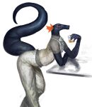 2023 anthro beverage black_body black_skin bottomwear cettus clothed clothing container cup dragon frill_(anatomy) fritjof fully_clothed furniture hi_res holding_beverage holding_container holding_cup holding_object leaning leaning_on_table male orange_eyes pants scalie shirt side_view simple_background solo table tail_curl topwear white_background white_clothing