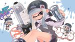  1girl backwards_hat ballpoint_splatling_(splatoon) baseball_cap black_eyes black_shorts blue_hair closed_mouth commentary_request fizzy_bomb_(splatoon) gun hat holding holding_gun holding_weapon inkling inkling_girl long_hair multiple_views one_eye_closed paint_splatter print_headwear salmon_100 short_shorts shorts sitting smile sparkle splatoon_(series) splatoon_3 tentacle_hair weapon 