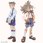  1boy 1girl aged_down awlba bandaid bandaid_on_leg book brown_eyes brown_hair highres holding holding_book jewelry light_brown_hair long_hair looking_at_viewer messy_hair naranja_academy_school_uniform necktie orange_necktie pokemon pokemon_sv purple_necktie sada_(pokemon) sandals school_uniform short_hair smile socks turo_(pokemon) undercut uva_academy_school_uniform white_socks 