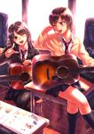  acoustic_guitar black_hair black_legwear brown_eyes classroom crossed_legs crying desk guitar guitar_case highres indoors instrument instrument_case miniskirt multiple_girls necktie one_eye_closed open_mouth original pantyhose pleated_skirt pointing school_desk school_uniform shingo_(picturepuzzle) short_hair sitting skirt smile socks streaming_tears tears window wiping_tears 