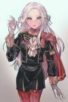  1girl adjusting_hair black_jacket black_shorts cape commentary cowboy_shot edelgard_von_hresvelg fire_emblem fire_emblem:_three_houses garreg_mach_monastery_uniform gloves gold_trim grey_background grey_hair hair_ribbon hand_up highres jacket long_hair long_sleeves looking_at_viewer open_mouth pantyhose purple_eyes purple_ribbon red_cape red_pantyhose ribbon rn_(kicakabe) shorts solo standing symbol-only_commentary white_gloves 