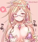  bare_shoulders bespectacled blonde_hair blush breast_hold breasts cleavage collarbone earrings facial_mark forehead_mark glasses hair_ornament heart jewelry kali_(p&amp;d) large_breasts long_hair looking_at_viewer marshmallow_mille mole mole_under_mouth pink_background purple-framed_eyewear purple_eyes puzzle_&amp;_dragons semi-rimless_eyewear smile solo spoken_heart twitter_username under-rim_eyewear 