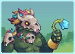 anthro boysyrup digital_media_(artwork) flower green_body holding_flower holding_object jewelry lihzahrd male mask pixel_(artwork) plant scalie skull_mask solo terraria tongue tongue_out witch_doctor_(terraria)