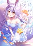  1girl air_bubble animal animal_ears bare_shoulders barefoot blue_dress bow breasts brown_eyes bubble clam cleavage day dress feet_out_of_frame fish frilled_dress frills hair_between_eyes hair_bow hairband hand_up himesaki_yuzuru long_hair medium_breasts noripro outdoors parted_lips purple_hair rabbit_ears solo star_(symbol) strapless strapless_dress sumisaki_yuzuna underwater very_long_hair virtual_youtuber water white_bow white_hairband wrist_cuffs 