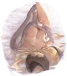  1girl absurdres anila_(granblue_fantasy) blonde_hair breasts cleavage closed_eyes commentary_request covered_nipples curled_horns feet_out_of_frame granblue_fantasy grey_sweater highres horns large_breasts long_hair long_sleeves lying no_pants on_back ribbed_sweater sheep_horns solo sweater yu_pian 