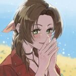  1girl aerith_gainsborough blush braid braided_ponytail brown_hair chika_i choker covering_mouth final_fantasy final_fantasy_vii final_fantasy_vii_remake flower flower_choker green_eyes hair_ribbon highres jacket long_hair looking_at_viewer outdoors own_hands_together parted_bangs parted_lips pink_ribbon red_jacket ribbon sidelocks single_braid smile solo upper_body wavy_hair yellow_flower 