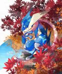  animal_focus artist_name autumn_leaves blue_skin blue_sky colored_skin commentary_request greninja harvest88 highres in_tree no_humans pokemon pokemon_(creature) red_eyes sitting sitting_in_tree sky solo squatting tree twitter_username webbed_feet webbed_hands 