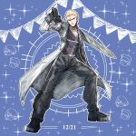  1boy black_footwear black_gloves black_pants black_vest blonde_hair blue_background boots coat dated final_fantasy final_fantasy_viii full_body fuujin_(ff8) gloves grey_coat gunblade hair_slicked_back happy_birthday highres holding holding_weapon long_coat long_sleeves male_focus nnnmmg0725 over_shoulder pants pennant raijin_(ff8) scar scar_on_face seifer_almasy short_hair solo sparkle vest weapon weapon_over_shoulder 