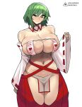  1girl alternate_costume areola_slip artist_logo bare_shoulders bikini blush breasts closed_mouth collarbone commentary contrapposto detached_collar detached_sleeves donburi_(donburikazoku) english_commentary expressionless fanbox_username female_pubic_hair green_hair hair_between_eyes heart highres hikage_(senran_kagura) huge_breasts japanese_clothes large_breasts long_sleeves looking_at_viewer medium_hair miko navel nontraditional_miko nose_blush ofuda one_eye_closed patreon_username pelvic_curtain pubic_hair pubic_hair_peek revealing_clothes senran_kagura simple_background skindentation sleeves_past_wrists slit_pupils sweat swimsuit thighs translated white_bikini wide_sleeves yellow_eyes 