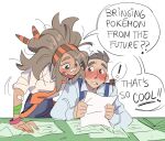  ! 1boy 1girl aged_down awlba bandaid bandaid_on_face bandaid_on_nose blush brown_eyes brown_hair fang hetero highres holding holding_paper light_brown_hair long_hair messy_hair necktie orange_necktie paper pokemon pokemon_sv sada_(pokemon) speech_bubble turo_(pokemon) 