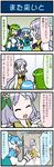  4koma artist_self-insert blue_hair blush breasts brown_dress brown_eyes comic commentary_request crying detached_sleeves dress eighth_note flower frog_hair_ornament green_hair hair_flower hair_ornament heterochromia highres juliet_sleeves karakasa_obake kochiya_sanae large_breasts lavender_hair long_hair long_sleeves low_twintails mizuki_hitoshi multiple_girls musical_note open_mouth puffy_sleeves real_life_insert running shirt shocked_eyes skirt smile snake_hair_ornament streaming_tears tatara_kogasa tears touhou translation_request tsukumo_benben twintails umbrella very_long_hair vest 