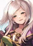 1girl black_gloves black_robe blush book brown_eyes collarbone commentary_request fire_emblem fire_emblem_awakening gloves gold_trim highres holding holding_book hood hood_down hooded_robe long_hair long_sleeves looking_at_viewer lower_teeth_only nakabayashi_zun open_book open_mouth robe robin_(female)_(fire_emblem) robin_(fire_emblem) simple_background smile solo swept_bangs teeth twintails white_background white_hair 