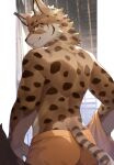 2023 anthro back_to_the_dawn brown_body brown_fur chris_(bttd) clothed clothing felid feline fur hi_res looking_at_viewer looking_back lynx male mammal multicolored_body multicolored_fur ponzu_tas solo spots spotted_body spotted_fur tail topless topless_anthro topless_male