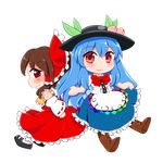 &gt;:( absurdres ascot back-to-back blue_hair blush boots bow brown_hair chibi detached_sleeves dress food food_on_head frown fruit fruit_on_head hair_bow hair_tubes hakurei_reimu highres hinanawi_tenshi king_(ougon_kingyo-bachi) large_bow layered_dress long_hair looking_at_viewer mary_janes multiple_girls object_on_head peach red_eyes shoes skirt smile socks touhou v-shaped_eyebrows vest 