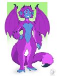 absurd_res anthro arm_spikes blue_body blue_skin buzzybub demon eli_(kralart) feet fingernails fur hand_on_hip haplorhine hi_res horn hybrid long_tail male mammal monkey nails nude prehensile_feet primate purple_body purple_eyes purple_fur smile solo spiked_tail spikes spikes_(anatomy) standing tail thick_tail thick_thighs toes wings