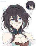  1girl aqua_eyes bare_shoulders bead_necklace beads black_hair breasts cleavage clothing_cutout english_commentary glasses highres honkai:_star_rail honkai_(series) jewelry long_hair looking_at_viewer multiple_views necklace pink_lips portrait rewuyuu ruan_mei_(honkai:_star_rail) shoulder_cutout simple_background white_background 