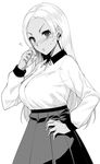  blush breasts character_request dark_skin earrings flying_sweatdrops greyscale jewelry large_breasts long_hair looking_at_viewer monochrome simple_background solo tomohiro_kai white_background 