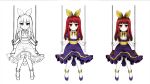  1girl bow clea_(clea) clea_(game) concept_art dress hair_bow highres invertmouse monochrome official_art pale_skin purple_dress purple_footwear red_eyes red_hair sitting swing thighhighs white_background white_thighhighs yellow_bow 