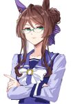  1girl animal_ears bow bowtie breasts brown_eyes brown_hair closed_mouth crossed_arms ear_covers expressionless hair_bow hair_bun highres horse_ears long_hair long_sleeves looking_at_viewer nayuta_ggg purple_shirt royce_and_royce_(umamusume) sailor_collar semi-rimless_eyewear shirt simple_background single_ear_cover small_breasts solo umamusume upper_body white_background 