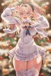 1girl black_hairband black_scrunchie blonde_hair blue_eyes blurry blurry_background bow braid breasts christmas christmas_tree commentary_request dress granblue_fantasy green_bow hair_bow hair_ornament hair_scrunchie hairband highres long_hair long_sleeves looking_at_viewer medium_breasts multicolored_hair open_mouth scrunchie smile solo sweater teeth tekkai_blade thighhighs thighs twin_braids upper_teeth_only white_dress white_sweater white_thighhighs zeta_(granblue_fantasy) 