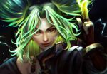  bandaid bandaid_on_face black_jacket brown_gloves dark_background electricity finger_gun fingerless_gloves gloves green_hair jacket league_of_legends open_clothes open_jacket parted_bangs pbird twintails yellow_eyes zeri_(league_of_legends) 