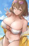  1girl absurdres anis_(nikke) anis_(sparkling_summer)_(nikke) bare_shoulders beach bikini blue_sky breasts brown_eyes brown_hair cleavage cloud collarbone eyepatch_bikini eyewear_on_head goddess_of_victory:_nikke grin highres huge_breasts jacket looking_at_viewer mihiro_(mitumitu3232ish) navel ocean off_shoulder official_alternate_costume one_eye_closed outdoors pink_nails short_hair sky smile solo stomach sunglasses swimsuit thighs v water white_bikini yellow_jacket 