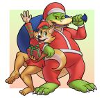 2023 3_toes 4_fingers alligator alligatorid anthro belly brok_(character) brok_the_investigator canid canine christmas christmas_clothing christmas_headwear clothing costume crocodilian duo fan_character feet fingers fox gobanire green_body hat headgear headwear hi_res holidays humanoid_hands male mammal reptile santa_costume santa_hat scalie simple_background slightly_chubby toes