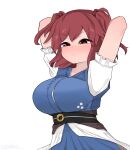  1girl arms_behind_head blush breasts closed_mouth coin commentary hair_bobbles hair_ornament highres large_breasts obi onozuka_komachi red_eyes red_hair sash short_sleeves simple_background smile solo topadori touhou two_side_up upper_body white_background 