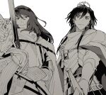  2boys aiming aiming_at_viewer armor cape cloak constantine_xi_(fate) cowboy_shot curtained_hair earrings fate/grand_order fate_(series) faulds gauntlets georgios_(fate) gloves greyscale hair_between_eyes halo holding holding_sword holding_weapon jewelry kitada long_hair looking_at_viewer male_focus monochrome multiple_boys pauldrons shoulder_armor simple_background single_pauldron smile sword sword_in_front_of_face tassel weapon white_background 