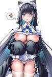  1girl :o anger_vein animal_ear_fluff animal_ears apron apron_lift black_hair blue_eyes blush breasts cat_ears cat_girl center_frills center_opening cleavage commentary_request cowboy_shot frilled_apron frills gu_luco highres large_breasts lifted_by_self long_hair long_sleeves looking_at_viewer maid_apron maid_headdress nipples nose_blush original panties puffy_long_sleeves puffy_sleeves simple_background skindentation sleeves_past_fingers sleeves_past_wrists solo spoken_anger_vein thick_thighs thighhighs thighs underboob underwear very_long_hair white_apron white_background white_headdress white_headwear white_panties white_thighhighs 
