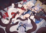  2girls animal_ear_fluff animal_ears bar_censor black_sleeves blue_dress breasts censored closed_eyes commentary detached_sleeves dress english_commentary fox_ears fox_girl grey_hair handjob highres large_breasts long_hair lying multiple_girls nipples no_shoes on_back on_bed open_mouth original panties pillow pussy red_dress sleep_molestation spread_legs tentacle_sex tentacles thighhighs trimbil underwear vaginal variant_set white_panties white_sleeves white_thighhighs 