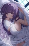  1girl :t arm_up bed_sheet blurry blurry_background blush bracelet breasts cleavage closed_mouth commentary_request dress fern_(sousou_no_frieren) highres jewelry large_breasts long_hair looking_at_viewer nahaki pout purple_eyes purple_hair solo sousou_no_frieren sweat under_covers very_long_hair white_dress window 