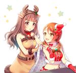  2girls alternate_hairstyle animal_ears antlers bandeau bare_shoulders bell belt blue_cape blunt_bangs blush bow bowtie breasts brown_belt brown_dress brown_eyes brown_hair brown_sleeves cape chair christmas deer_ears detached_sleeves dot_nose dress fake_animal_ears fake_antlers floral_print flower fur-trimmed_bandeau fur-trimmed_dress fur-trimmed_sleeves fur_choker fur_trim glint hair_flower hair_ornament hand_on_own_shoulder hands_on_another&#039;s_shoulders hands_up hat hojo_karen idolmaster idolmaster_cinderella_girls idolmaster_cinderella_girls_starlight_stage kamiya_nao long_hair long_sleeves looking_at_another looking_back medium_breasts midriff multiple_girls navel neck_bell on_chair open_mouth orange_hair plaid plaid_bow plaid_bowtie print_cape red_bandeau red_eyes red_flower red_ribbon red_sleeves reindeer_antlers ribbon santa_hat serino_itsuki sitting smile star_(symbol) thick_eyebrows two-tone_bowtie white_background white_ribbon 